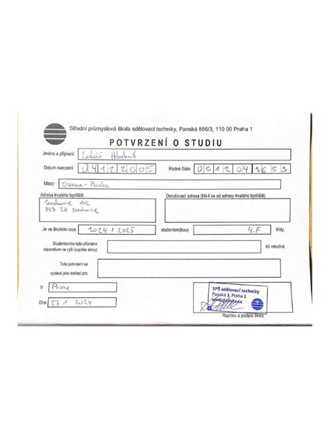 Příklad potvrzení o studiu