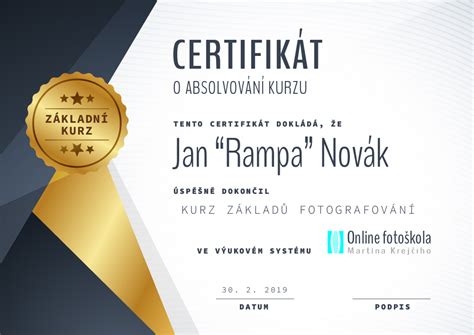 Ukázka certifikátu o absolvování kurzu