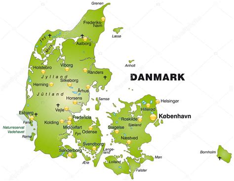 Mapa Dánska s vyznačenými univerzitními městy