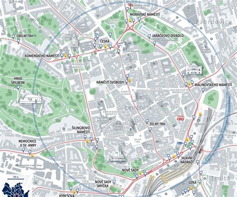 Mapa centra Brna s vyznačením Pedagogické fakulty MU