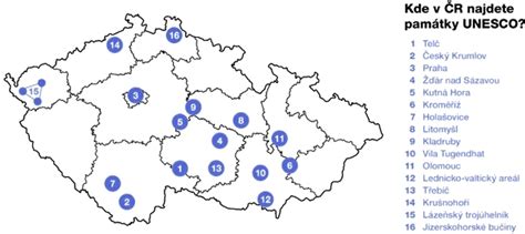 Mapa s vyznačenými památkami UNESCO v České republice