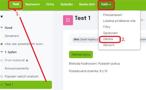 Nastavení testu v Moodle