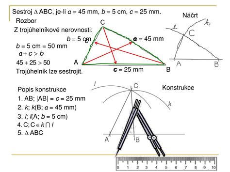 Ukázka konstrukce trojúhelníku ABC v GeoGebře s využitím posuvníků pro délku strany a úhel