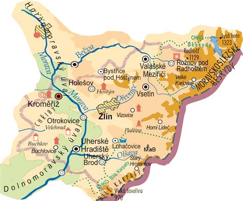 Mapa Zlínského kraje s vyznačenými Luhačovicemi