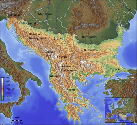 Mapa západního Balkánu s vyznačením Srbska a Kosova