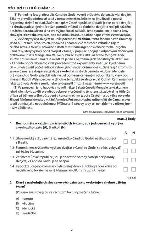 Ukázka testového zadání z českého jazyka
