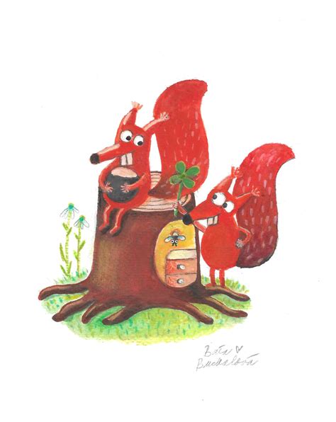 Ilustrace veverky a dětí v lese