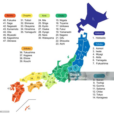 Mapa Japonska s vyznačenými oblastmi