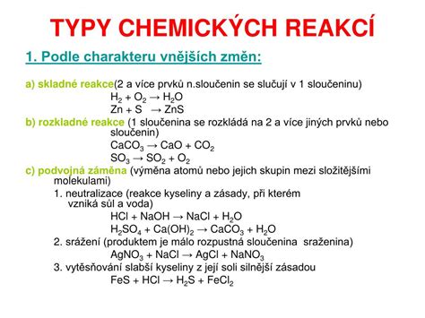 Tabulka s přehledem typů vazeb a jejich reakcí