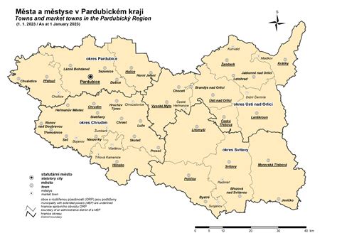 Mapa Pardubického kraje s vyznačenými městy gymnázií