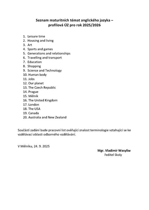 Příklady maturitních témat z angličtiny