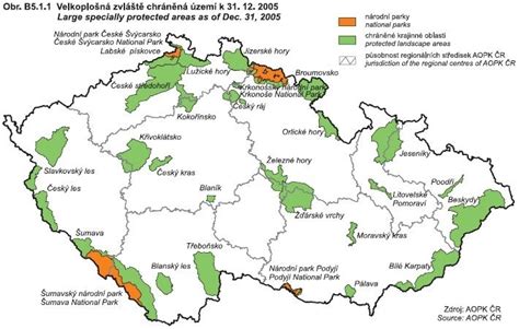 Mapa České republiky s vyznačenými CHKO a významnými lokalitami