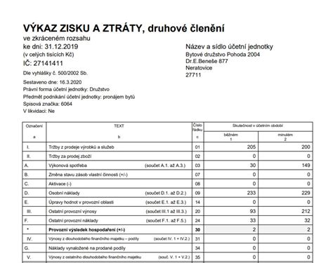 Příklad výkazu zisku a ztráty