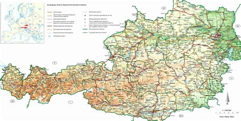 Mapa Rakouska s vyznačením pohoří a řek