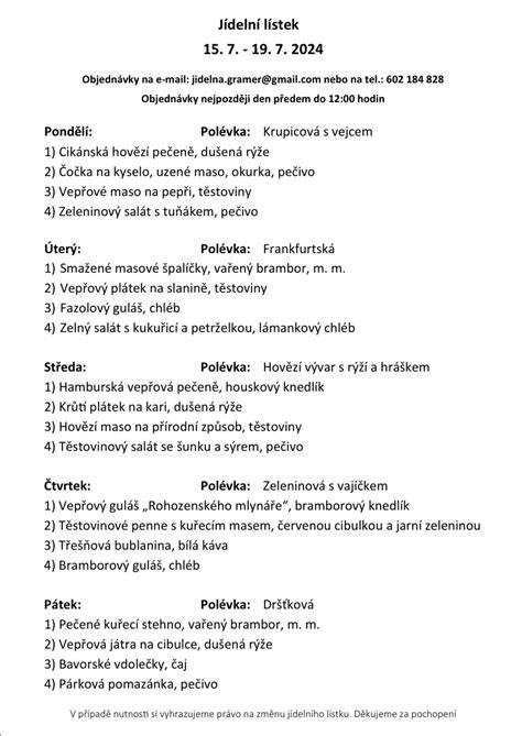 Jídelní lístek menzy Opletalova