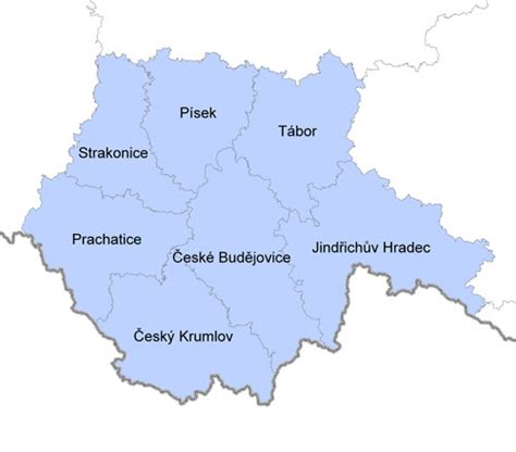 Mapa Jihočeského kraje s vyznačenými městy působení