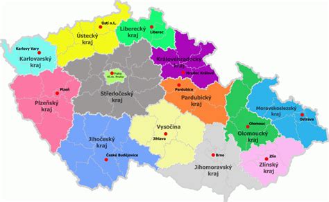Mapa České republiky s vyznačenými krajskými úřady