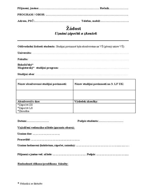 Proces žádosti o uznání předmětů
