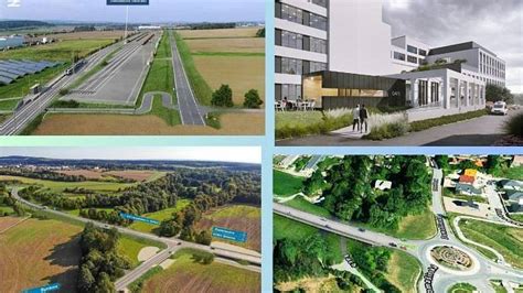 Koláž různých typů stavebních projektů (silnice, most, bytový dům, průmyslová hala)