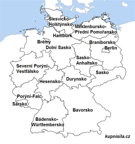Mapa Německa s vyznačením východních a západních spolkových zemí
