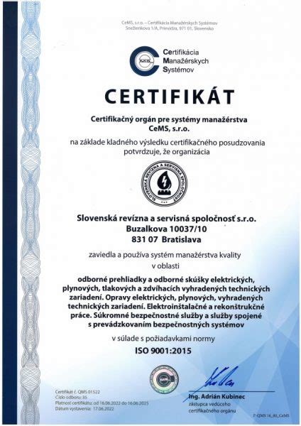 Certifikát Manažer kvality junior