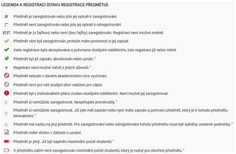 Legenda ke stavům registrace předmětů
