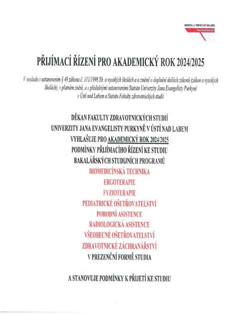 Schéma přijímacího řízení na bakalářské studium